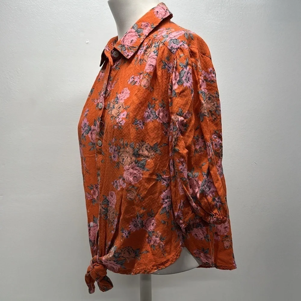 Free People Celia Blouse Top Short Sleeve Shirt Tie Front Floral Red Size Small